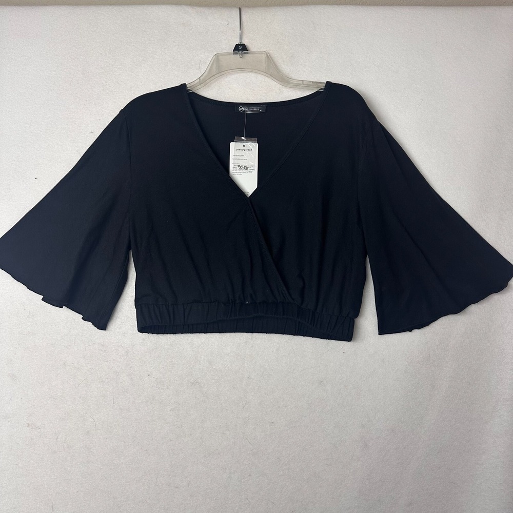 Prettygarden Womens Black V-Neck Bell Sleeve Wrap Crop‎ Top Size M NWT